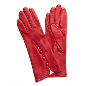 Gans en cuir 3 boutons rouge. Gants doublés soie femme. Modèle Bergame. Vue de Face