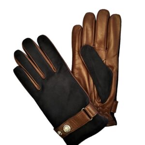 Gants en cuir mixte suédé lisse bicolore bleu marron. Gants doublés polaire homme. Modèle Abisko. Vue de Face