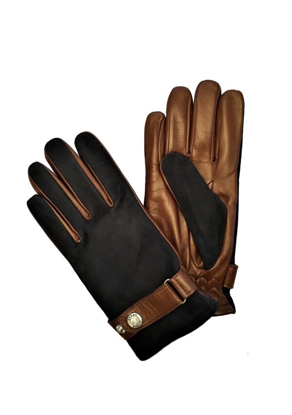 Gants en cuir mixte suédé lisse bicolore bleu marron. Gants doublés polaire homme. Modèle Abisko. Vue de Face