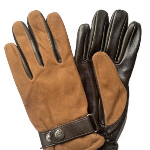 Gants en cuir mixte suédé lisse bicolore camel marron. Gants doublés polaire homme. Modèle Abisko. Vue de Face