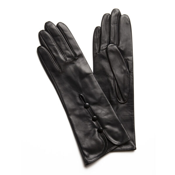 Gants en cuir 3 boutons noir. Gants doublés soie femme. Modèle Bergame. Vue de face