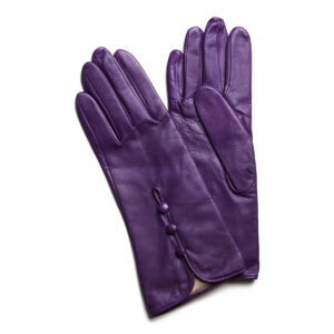 Gants en cuir 3 boutons violet. Gants doublés soie femme. Modèle Bergame. Vue de face