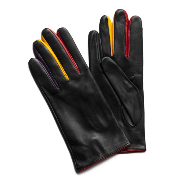 Gants en cuir lisse noir entre doigts violet-jaune-rouge. Gants doublés soie femme. Modèle Bruxelles. Vue de Face.