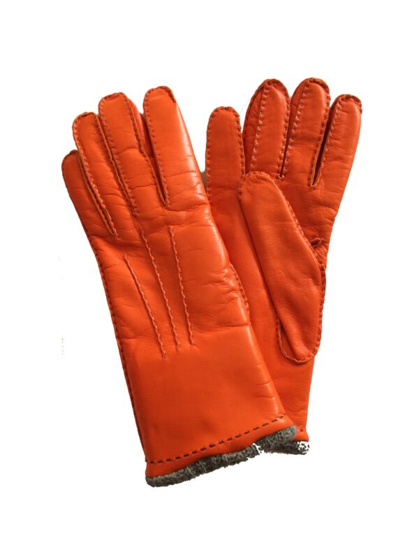 Gants en cuir 3 nervures orange. Gants doublés cachemire femme. Modèle COPENHAGUE. Vue de Face.