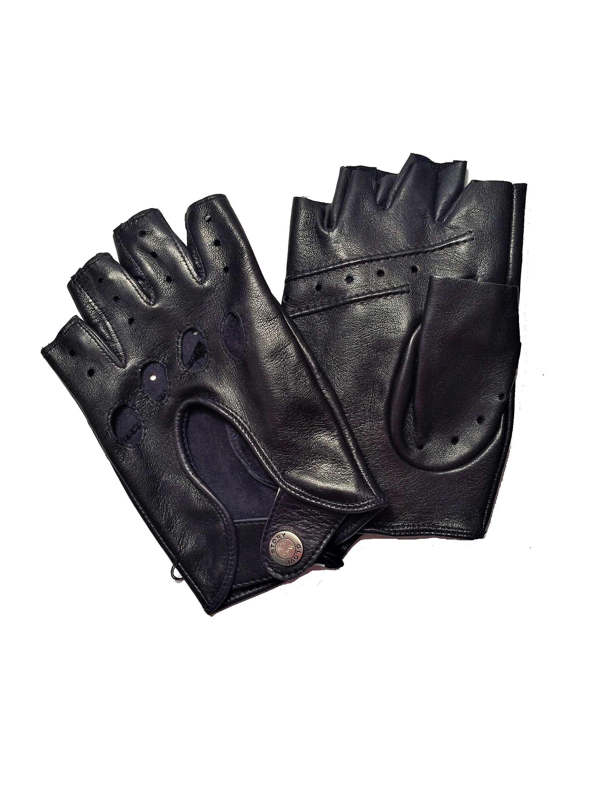 Gants en cuir bleu foncé. Mitaines homme non doublées. Modèle Daytona. Vue de dessus.