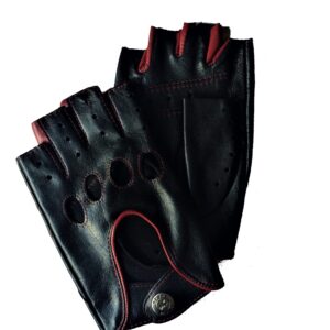 Gants en cuir noir bord rouge. Mitaines homme non doublées. Modèle Daytona. Vue de dessus.