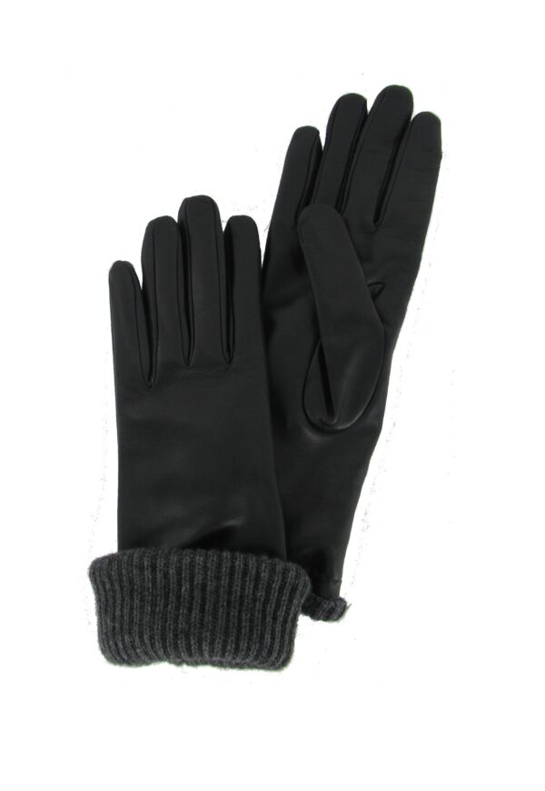 Gants en cuir lisse bleu revers apparent. Gants doublés laine femme. Modèle Edmonton. Vue de Face.