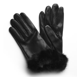 Gants en cuir noir rebord vison noir. Gants doublés soie femme. Modèle Innsbruck. Vue de Face