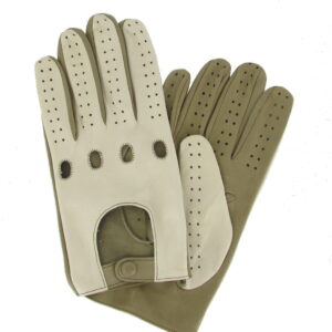 Gants de conduite en cuir bicolore beige castor. Gants non doublés homme. Modèle Le Castellet. Vue de Face.