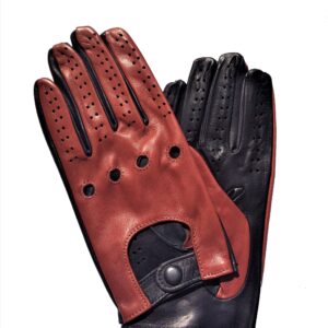 Gants de conduite en cuir bicolore cognac bleu marine. Gants non doublés homme. Modèle Le Castellet. Vue de Face.
