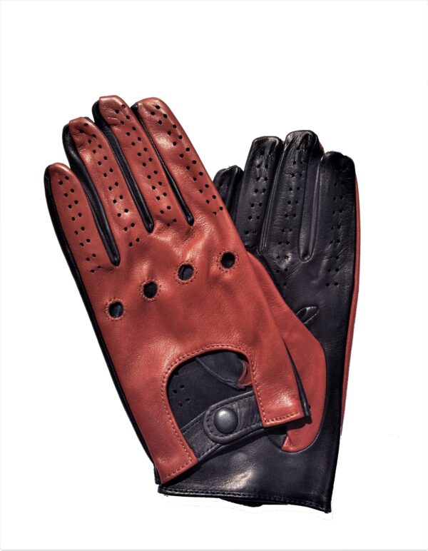 Gants de conduite en cuir bicolore cognac bleu marine. Gants non doublés homme. Modèle Le Castellet. Vue de Face.
