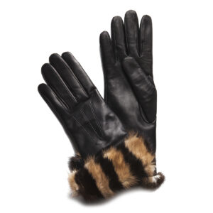 Gants en cuir marron rebord vison bicolore marron camel. Gants doublés soie femme. Modèle Megève. Vue de Face.