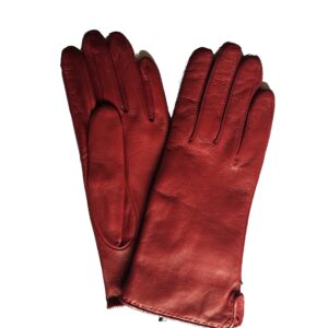 Gants en cuir lisse rouge intense. Gants femme doublés cachemire. Modèle ODENSE. Vue face dorsale.