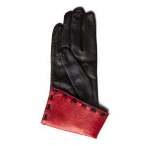 Gants en cuir noir revers en cuir rouge. Gants doublés soie femme. Modèle Orléans. Vue rebord