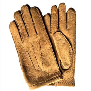 Gants en cuir de pécari camel naturel. Gants pécari doublé soie homme. Modèle Quito. Vue de Face