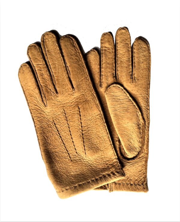 Gants en cuir de pécari camel naturel. Gants pécari doublé soie homme. Modèle Quito. Vue de Face