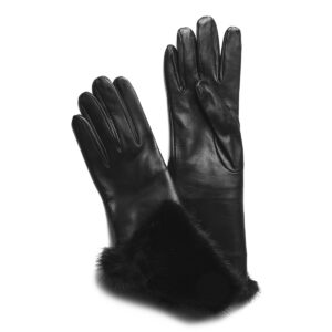 Gants en cuir noir rebord vison. Gants doublés soie femme. Modèle Saint-Moritz. Vue de Face.