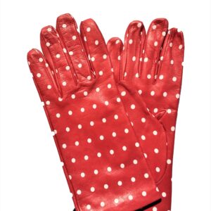Gant en cuir lisse rouge à pois blanc. Gants doublés soie femme. Modèle Toulouse. Vue de Face.