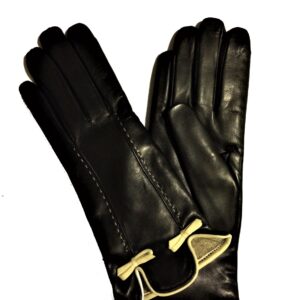 Gants en cuir noir deux nœuds crème surpiqure. Gants doublés laine femme. Modèle Vienne. Vue de Face.