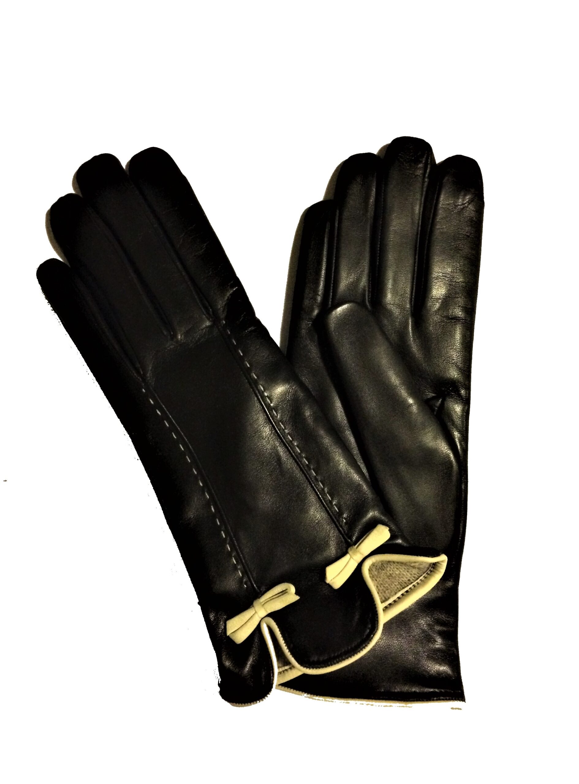 Gants en cuir noir deux nœuds crème surpiqure. Gants doublés laine femme. Modèle Vienne. Vue de Face.