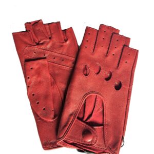 Mitaines en cuir rouge intense. Gants en cuir femme non doublé. Modèle Denpasar. Vue face dorsale.