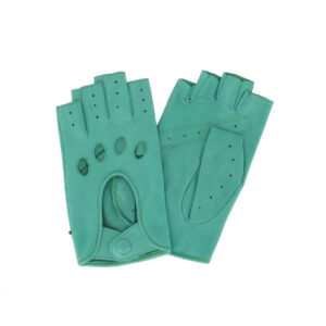 Mitaines en cuir turquoise. Gants en cuir femme non doublé. Modèle Denpasar. Vue face dorsale.