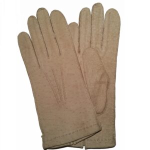 Gants en cuir de pécari beige clair. Gants femme non doublés. Modèle Lima. Vue face dorsale.