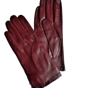 Gants tactile en cuir. Gants rouge foncé. Gants femme doublés soie. Modèle Palo Alto. Vue face dorsale.