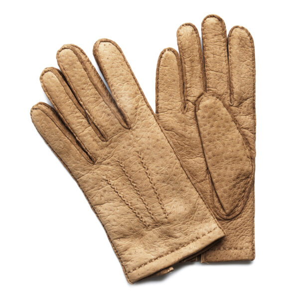 Gants en cuir de pécari camel. Gants femme doublés cachemire. Modèle Sucre. Vue face dorsale.