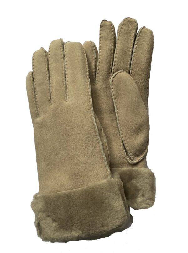 Gants en mouton retourné argile. Gants femme non doublé. Modèle Etah. Vue face dorsale.
