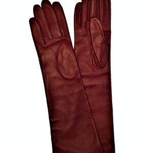 Gants en cuir lisse rouge foncé. Gants long 8 boutons (40 cm). Gants femme doublés soie. Modèle Florence. Vue face dorsale.