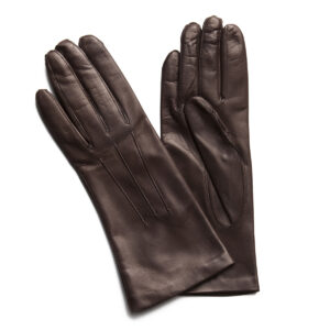 Gants en cuir marron. Gants doublés soie. Gants femme. Modèle London Westminster. Vue face dorsale.