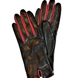 Gants en cuir d'agneau "pointé". Gants noir bordure rouge. Gants doublés soie. Gants femme. Modèle Lucerne. Vue face dorsale.