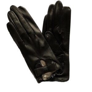 Gants en cuir d'agneau noir. Petit noeud. Gants doublé soie. Gants femme. Vue face dorsale.