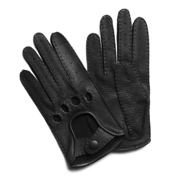 Gants de conduite en cuir de cerf noir. Gants non doublés femme. Modèle Baden-Baden. Vue de dessus.