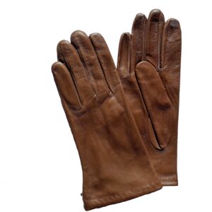 Gants tactile en cuir brun cork. Gants femme doublés soie. Modèle Bastia. Vue face dorsale.