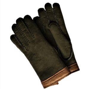 Gants en cuir vert. Gants en mouton retourné. Fourrure curly. Gants femme. Vue face dorsale