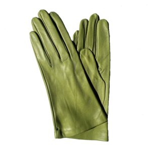 Gants en cuir vert acide. Gants doublés soie. Gants femme. Modèle Brindisi. Vue face dorsale.