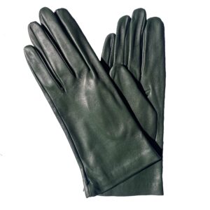 Gants en cuir vert olive. Gants doublés soie. Gants femme. Modèle Brindisi. Vue face dorsale.