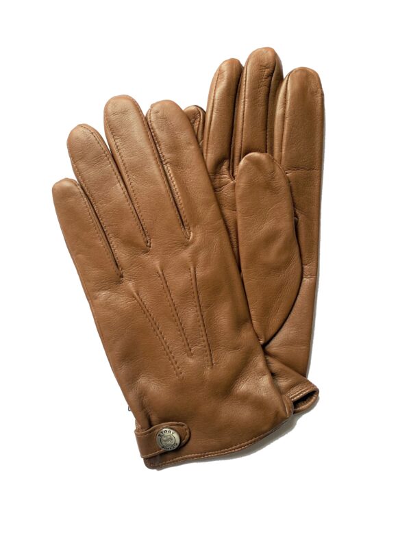 Gants en cuir d'agneau camel. Gants homme. Gants doublés soie. Modèle Bristol. Vue face dorsale.