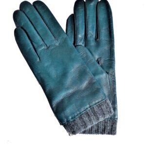 Gants en cuir d'agneau bleu pétrole. Gants doublé laine. Gants femme. Vue face dorsale.