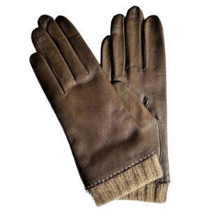 Gants en cuir d'agneau marron. Gants doublé laine. Gants femme. Vue face dorsale.