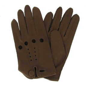 Gants de conduite en cuir de cerf marron. Gants non doublés. Gants homme. Modèle Canberra. Vue face dorsale.