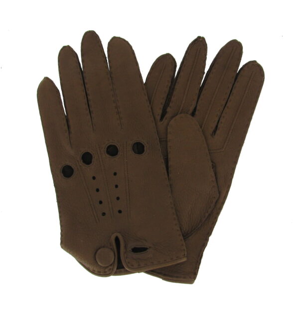Gants de conduite en cuir de cerf marron. Gants non doublés. Gants homme. Modèle Canberra. Vue face dorsale.