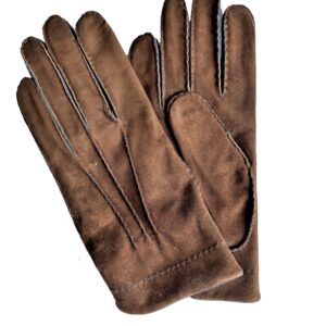 Gants en cuir d'agneau suede marron bleu. Gants doublés laine. Gants homme. Vue face dorsale.