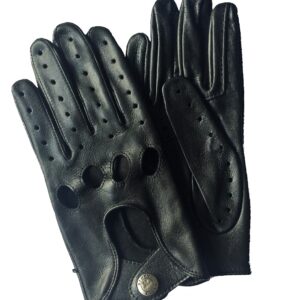 Gants de conduite en cuir d'agneau bleu marine. Gants non doublés. Modèle Flaine. Vue face dorsale.