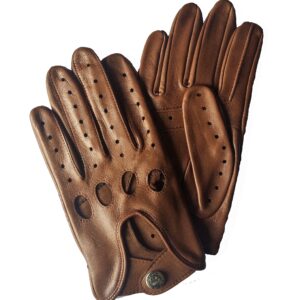 Gants de conduite en cuir d'agneau camel. Gants non doublés. Modèle Flaine. Vue face dorsale.