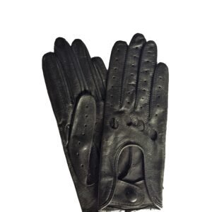 Gants de conduite en cuir d'agneau noir. Gants non doublés femme. Modèle Florès. Vue face dorsale.