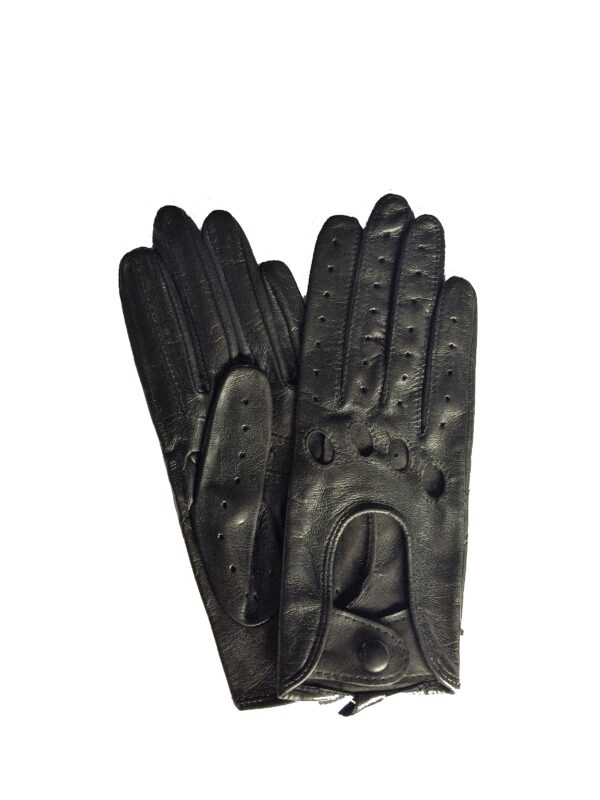 Gants de conduite en cuir d'agneau noir. Gants non doublés femme. Modèle Florès. Vue face dorsale.