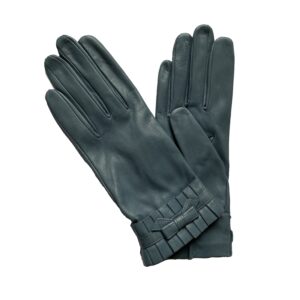 Gants en cuir bleu jean. Gants doublés soie. Gants femme. Vue face dorsale.